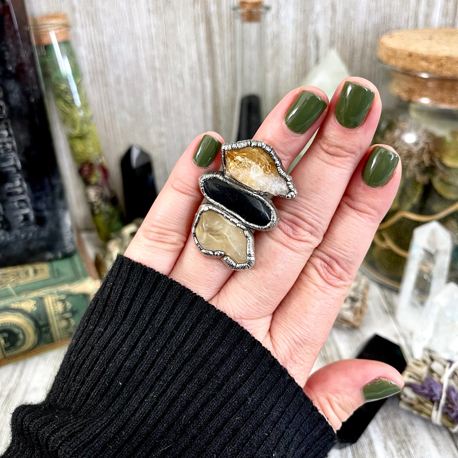 Size 6 Crystal Ring - Three Stone Black Onyx Yellow Citrine Silver Ring / Foxlark Collection - One of a Kind / Big Crystal Jewelry