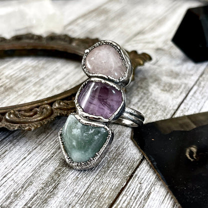 Size 7 Crystal Ring - Three Stone Rose Quartz Amethyst Aventurine Ring in Silver / Foxlark Collection - One of a Kind / Boho Crystal Jewelry