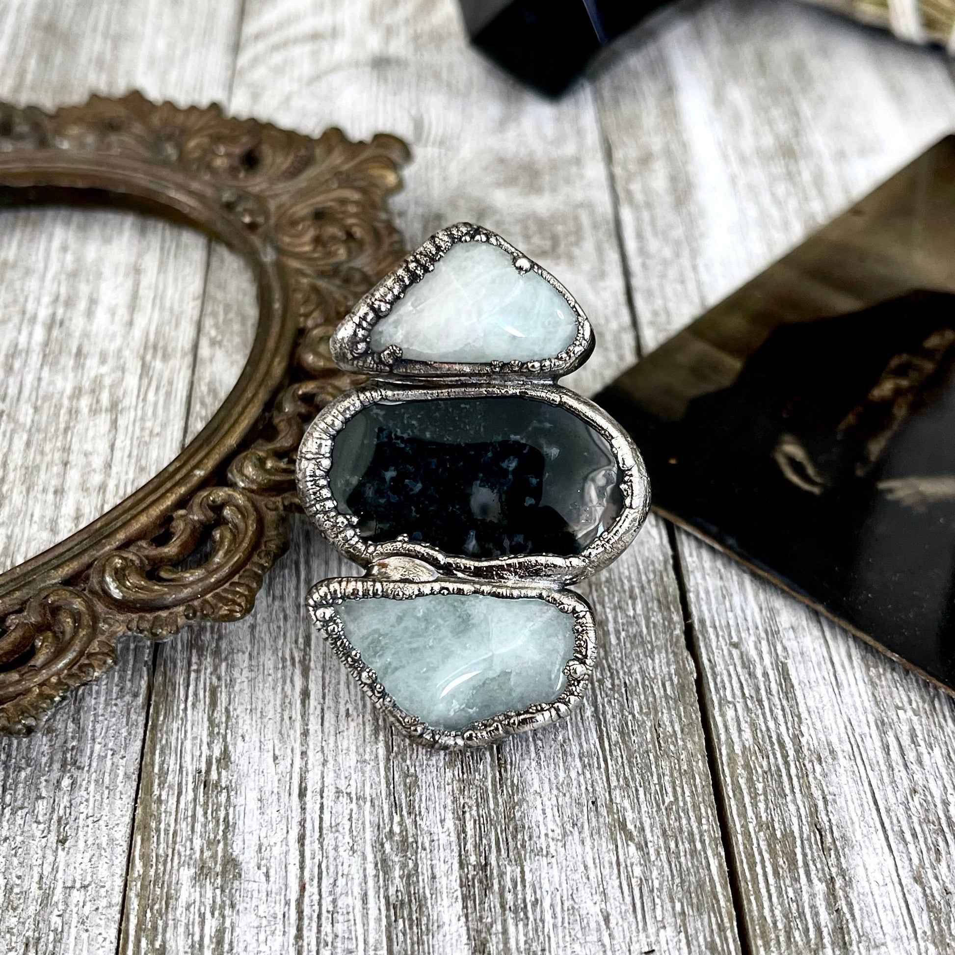 Size 8.5 Crystal Ring - Three Stone Ring Aquamarine Sea Glass Ring In Silver / Foxlark Collection - One of a Kind