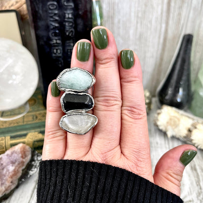 Size 6 Crystal Ring - Three Stone Ring Black Onyx Clear Quartz Aquamarine Silver Ring / Foxlark Collection - One of a Kind / Crystal Jewelry