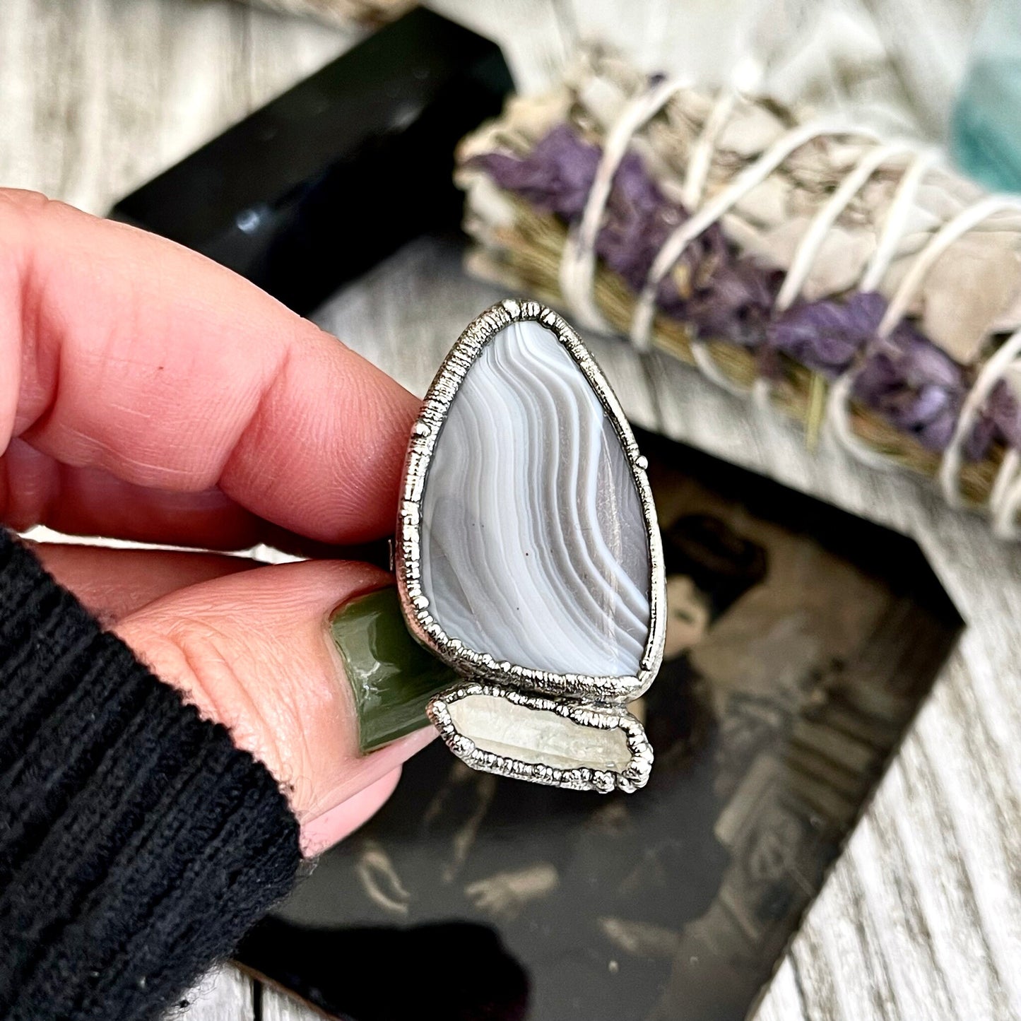 Size 7 Two Stone Ring- Banded Agate Clear Quartz Crystal Ring Fine Silver / Foxlark Collection - One of a Kind / Statement Jewelry Gemstone