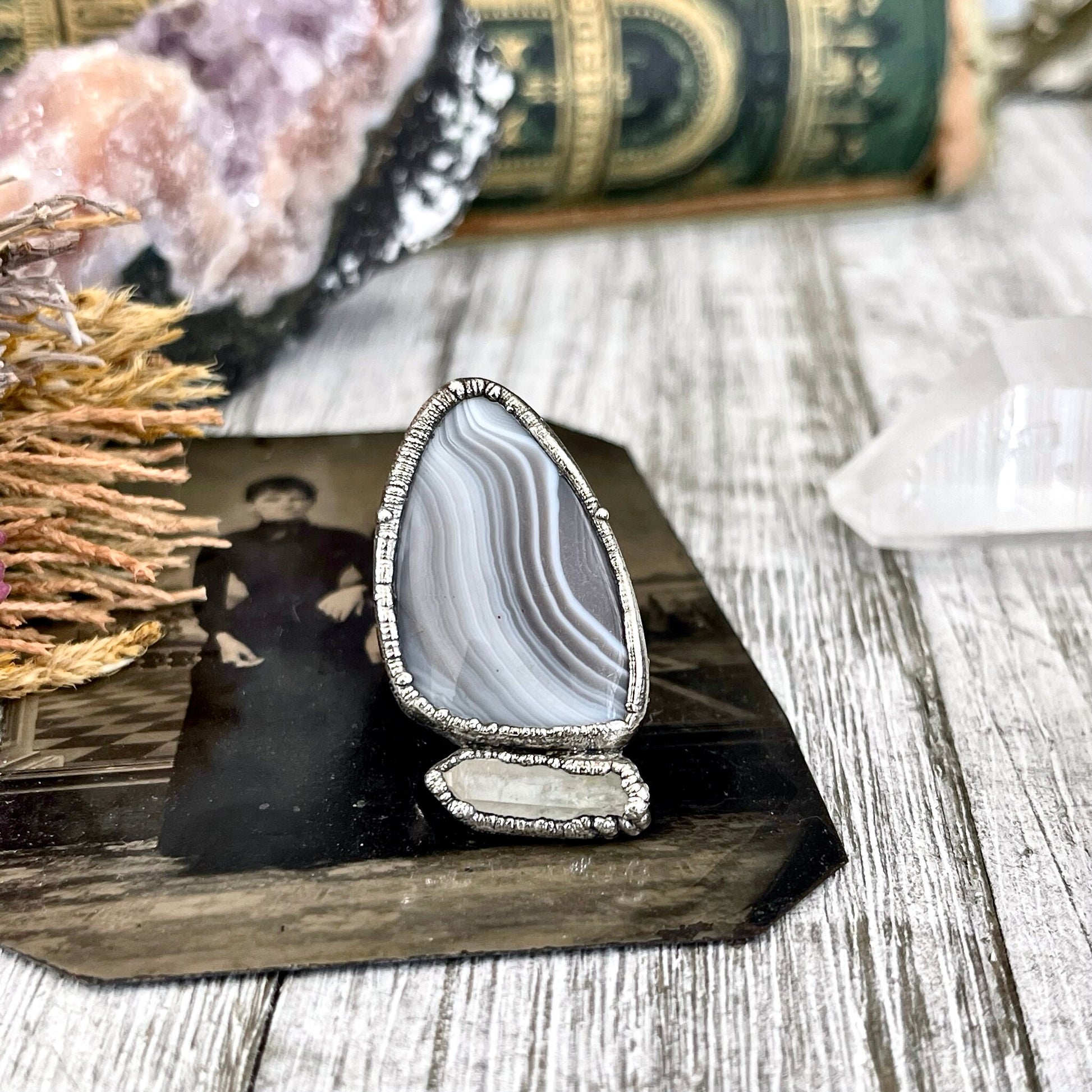 Size 7 Two Stone Ring- Banded Agate Clear Quartz Crystal Ring Fine Silver / Foxlark Collection - One of a Kind / Statement Jewelry Gemstone