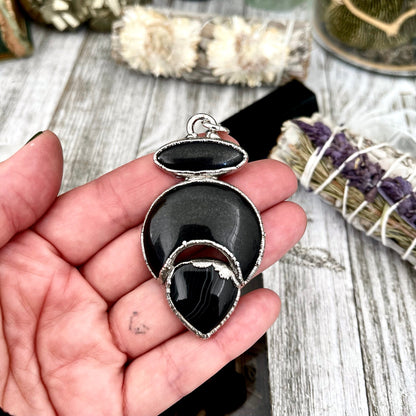Three Stone Black Onyx Black Banded Agate Necklace in Fine Silver / Foxlark - One of a Kind Jewelry // Witchy Alternative Pendent
