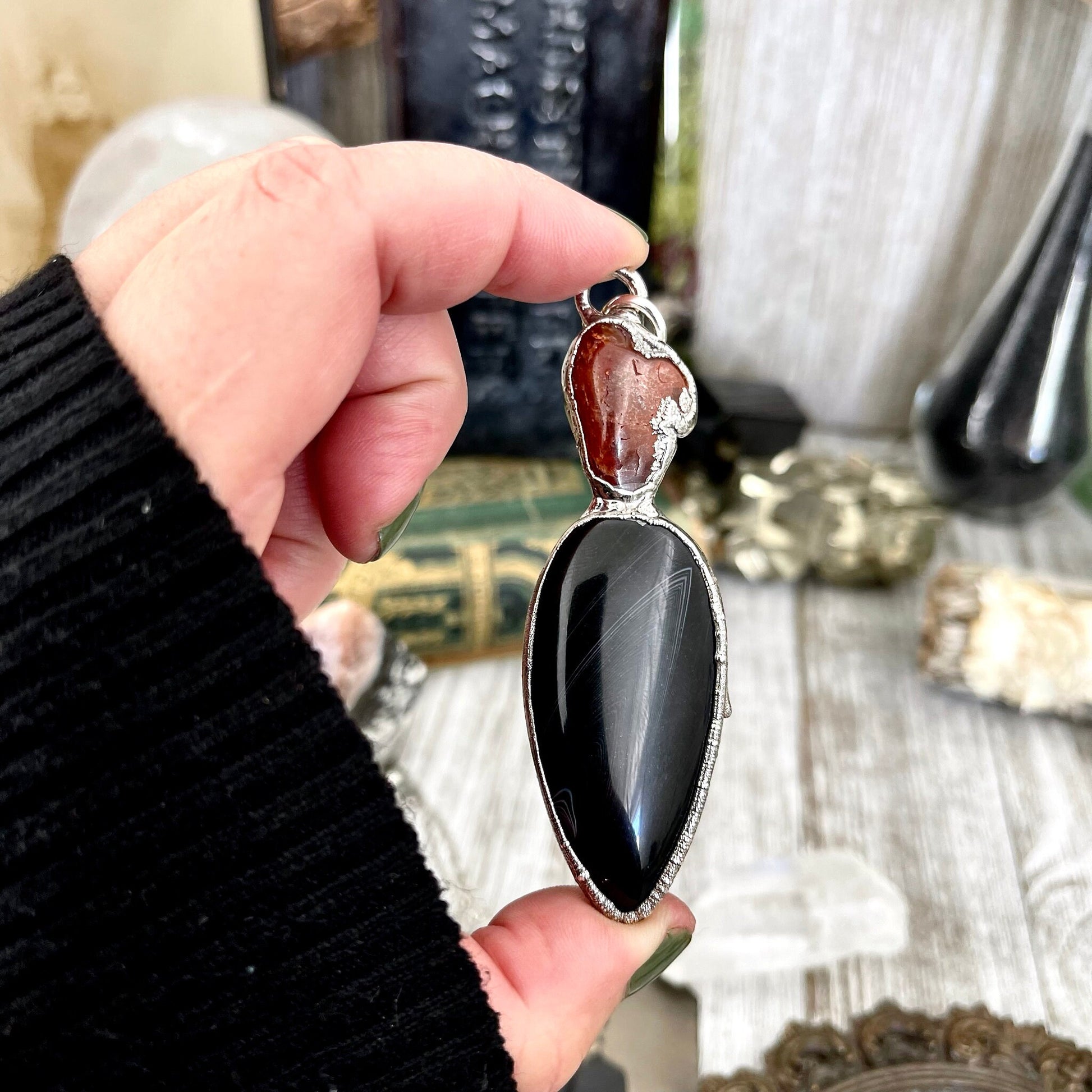 Two Stone Red Carnelian Black Banded Agate Necklace in Fine Silver / Foxlark Collection - One of a Kind Jewelry // Boho Alternative Pendent