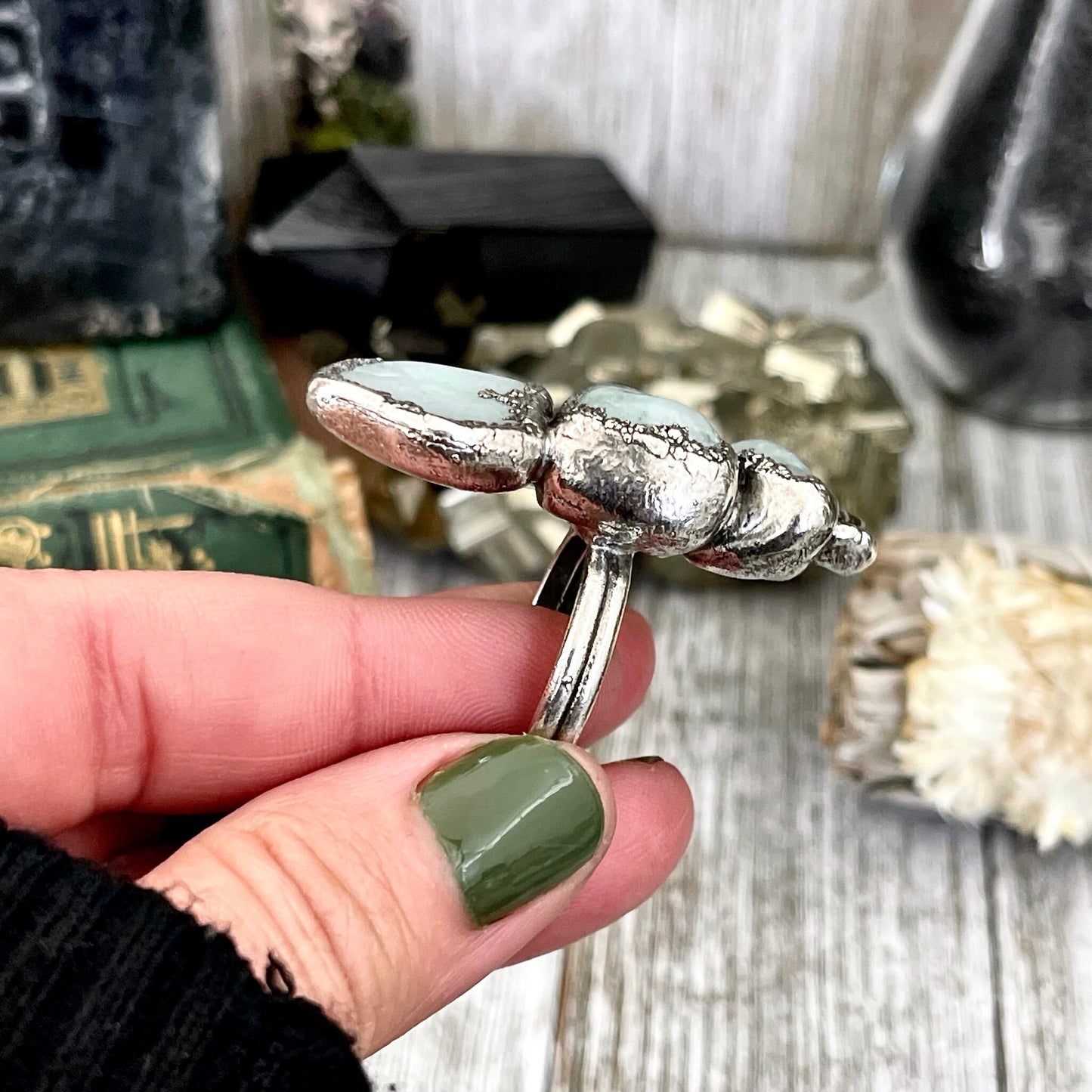 Size 9.5 Crystal Ring - Four Stone Aquamarine Raw Herkimer Diamond Quartz Ring In Silver / Foxlark - One of a Kind / Blue Crystal Jewelry