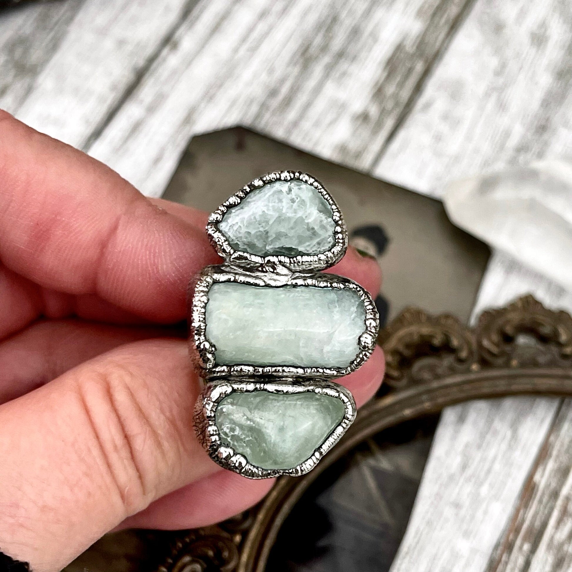 Size 7 Crystal Ring - Three Stone Ring Aquamarine Raw Ring In Silver / Foxlark Collection - One of a Kind / Big Crystal Jewelry