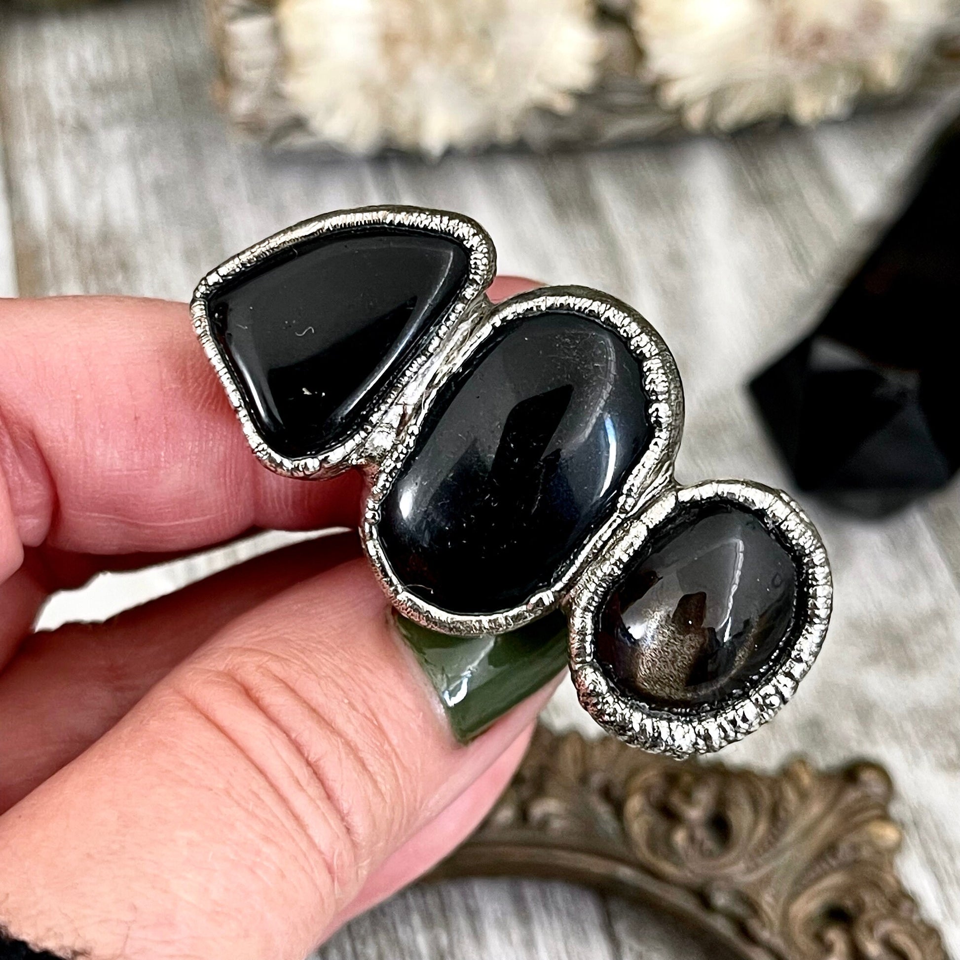 Size 7.5 Crystal Ring - Three Stone Black Onyx Black Star Sunstone Ring in Silver / Foxlark Collection - One of a Kind / Gothic Jewelry