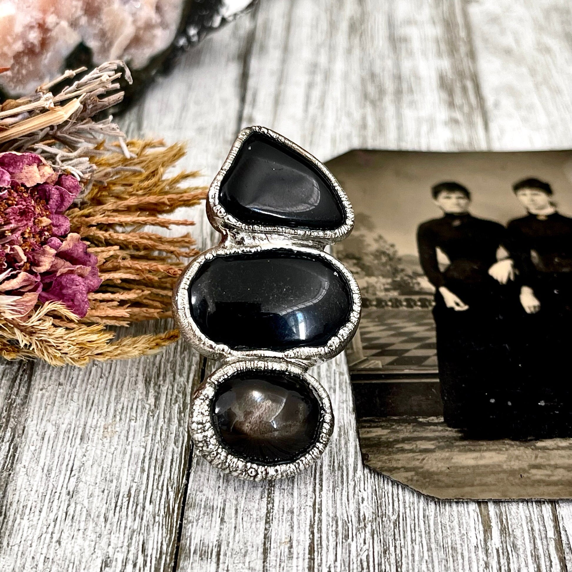 Size 7.5 Crystal Ring - Three Stone Black Onyx Black Star Sunstone Ring in Silver / Foxlark Collection - One of a Kind / Gothic Jewelry