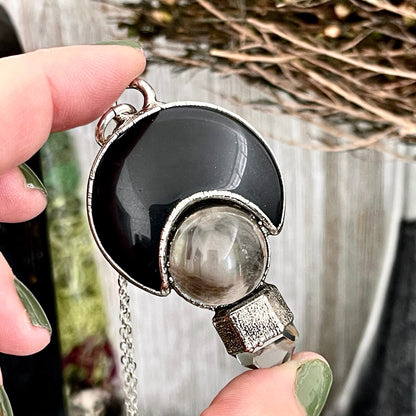 Three Stone Clear Quartz Garden Quartz Black Onyx Necklace in Fine Silver / Foxlark Collection - One of a Kind Jewelry // Witchy Pendent