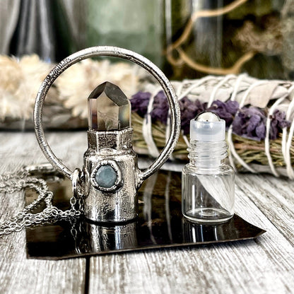 Smokey Quartz and Aquamarine Crystal Necklace / Silver Crystal Rollerball Necklace / Foxlark Collection - One of a Kind / Gothic Jewelry