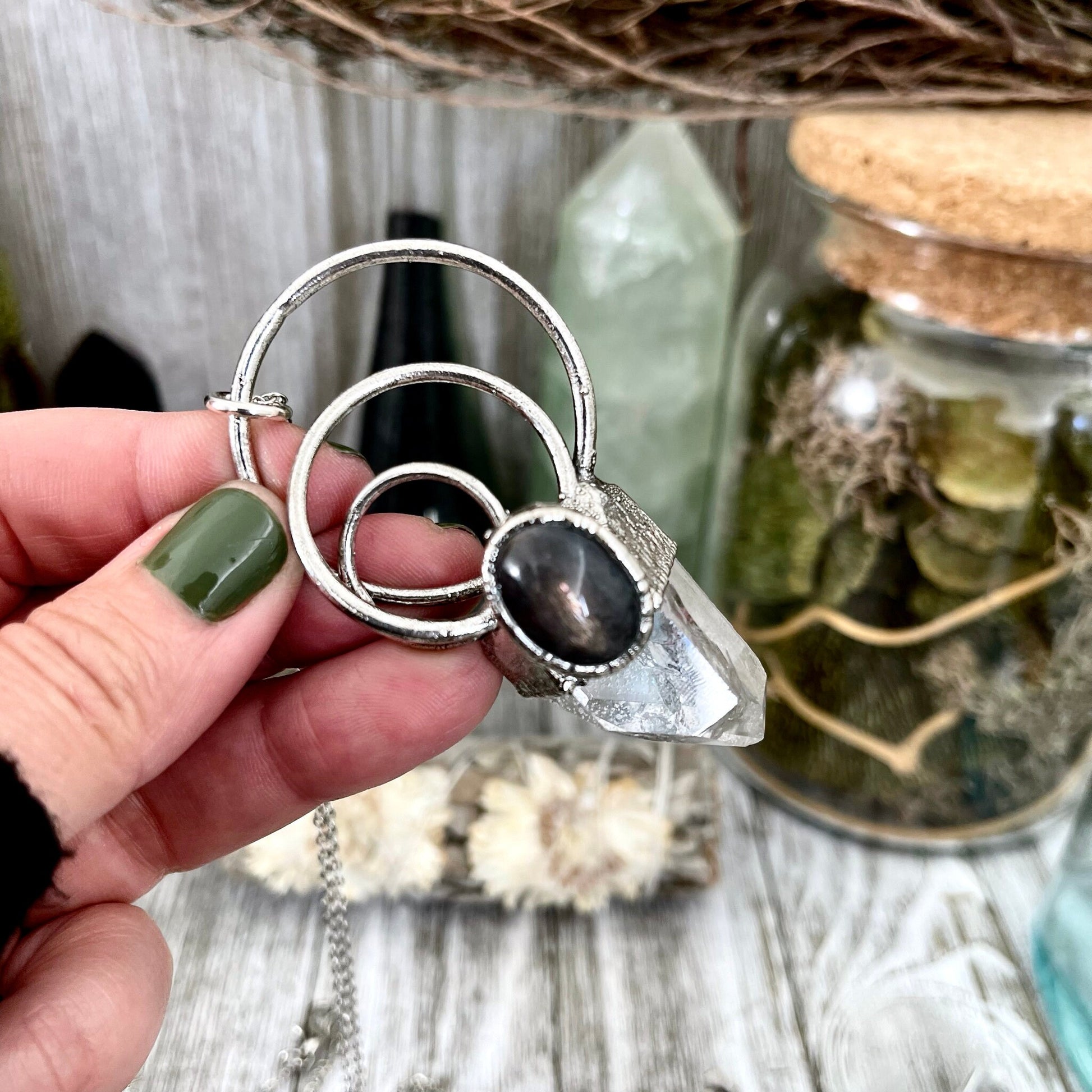 Large Clear Quartz Black Star Sunstone Crystal Necklace Pendant in Fine Silver / Witchy Necklace Goth Jewelry/ Witch Necklace / Gothic