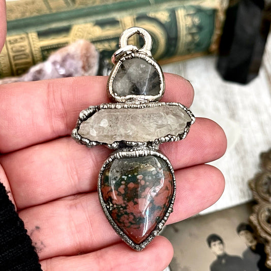 Three Stone Clear Quartz Tourmaline Quartz Bloodstone Necklace in Fine Silver / Foxlark Collection - One of a Kind Jewelry // Boho Jewelry