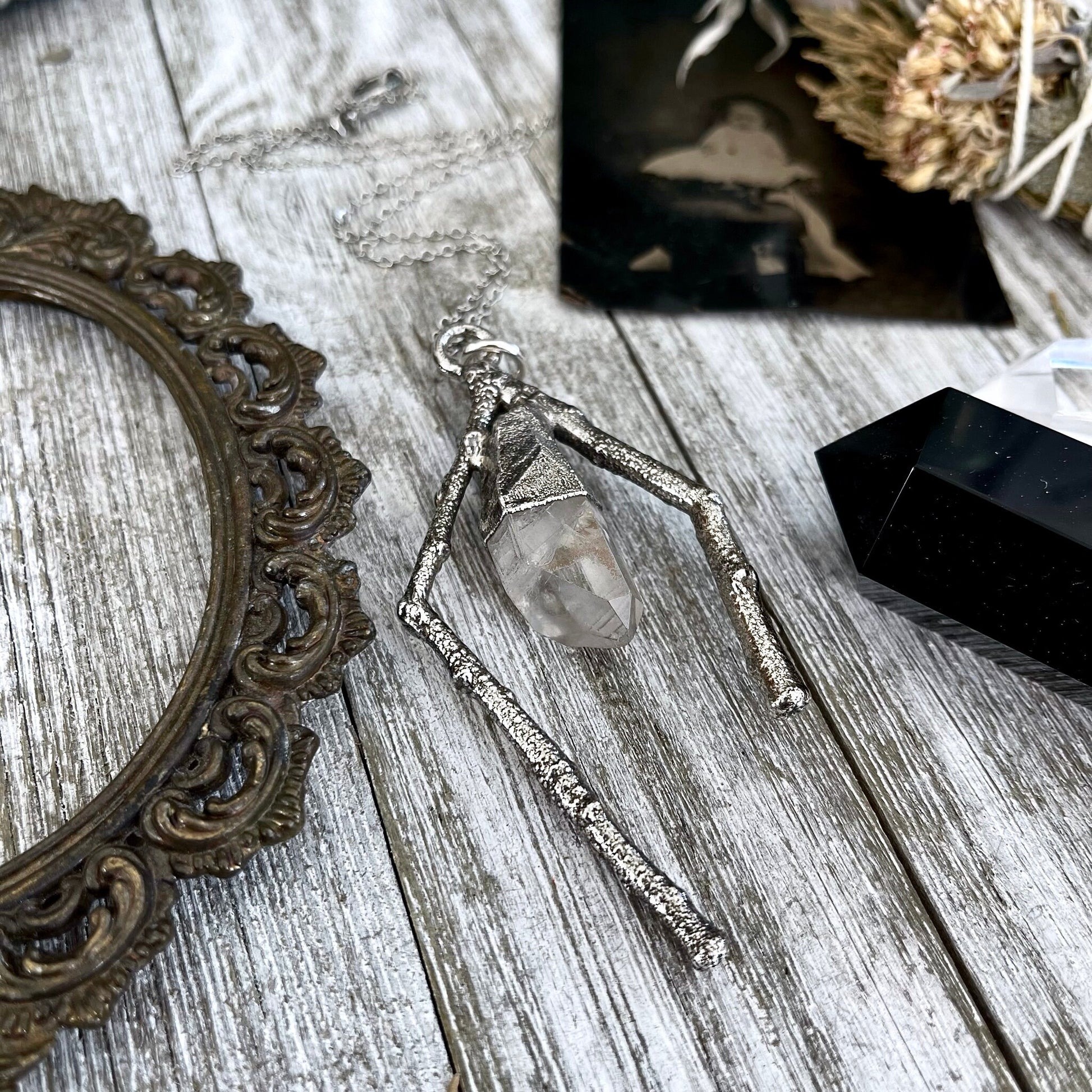 Sticks & Stones Collection- Clear Quartz Necklace in Fine Silver // Big Crystal Necklace. Witchy Jewelry Gothic Pendant / Bohemian Festival