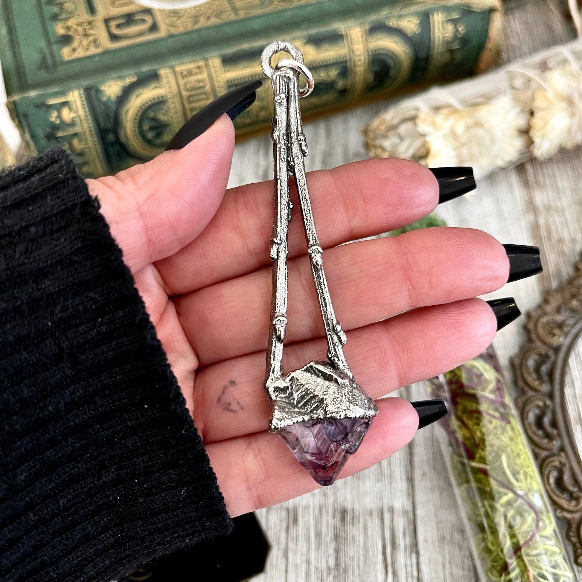 Sticks & Stones Collection- Raw Amethyst Necklace in Fine Silver // Big Crystal Necklace. Witchy Jewelry Gothic Pendant