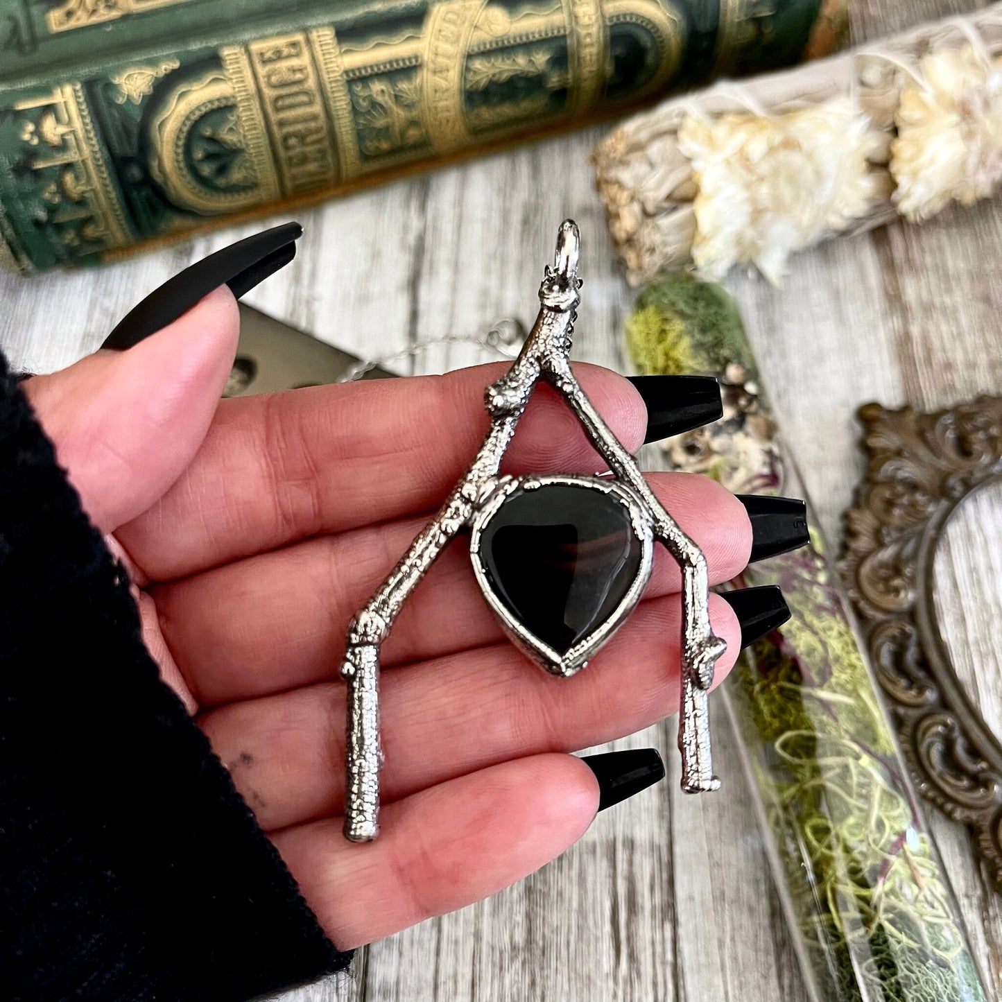 Sticks & Stones Collection- Montana Moss Agate Crystal Necklace in Silver // Big Crystal Necklace / Natural Wood Stone Necklace Pendant