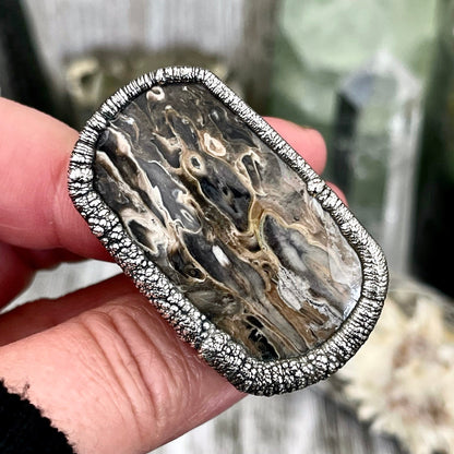 Unique Size 8 Large Fossilized Palm Root Statement Ring in Fine Silver / Foxlark Collection - One of a Kind / Gothic Jewelry Electroformed