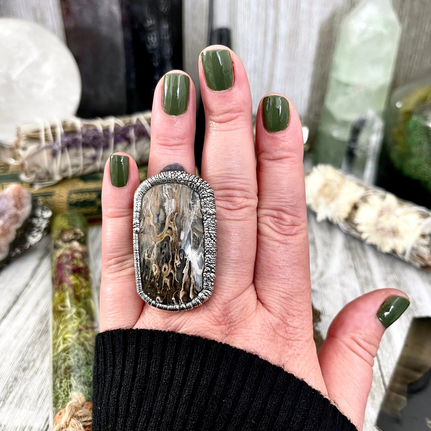 Unique Size 8 Large Fossilized Palm Root Statement Ring in Fine Silver / Foxlark Collection - One of a Kind / Gothic Jewelry Electroformed