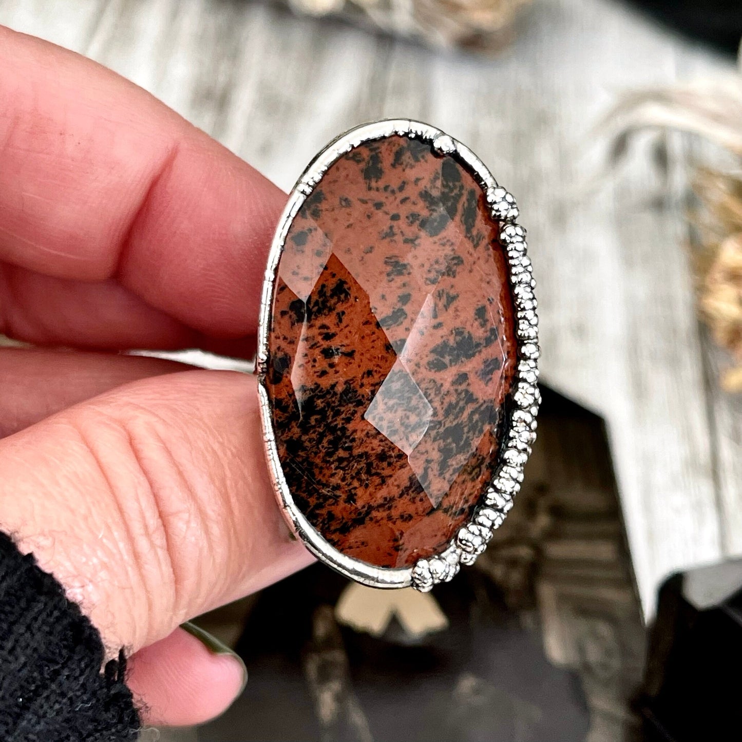 Size 7.5 Mahogany Obsidian Statement Ring in Fine Silver / Foxlark Collection - One of a Kind // Large Black Red Crystal Jewelry Gemstone