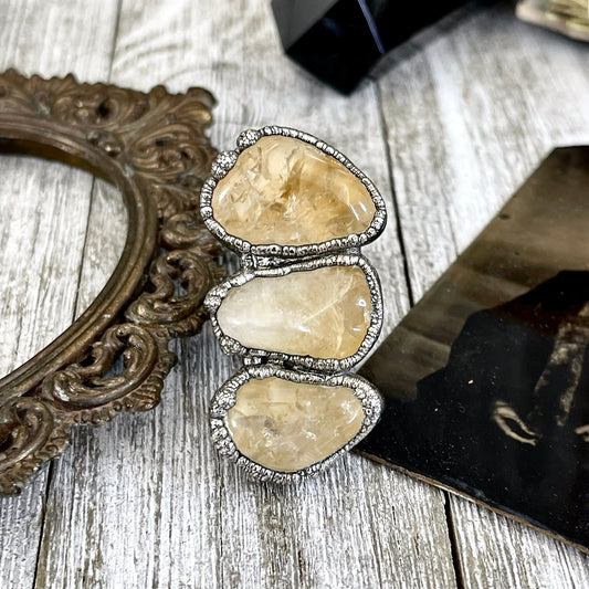 Size 7.5 Crystal Ring - Three Stone Yellow Citrine Ring in Silver / Foxlark Collection - One of a Kind / Big Boho Crystal Jewelry