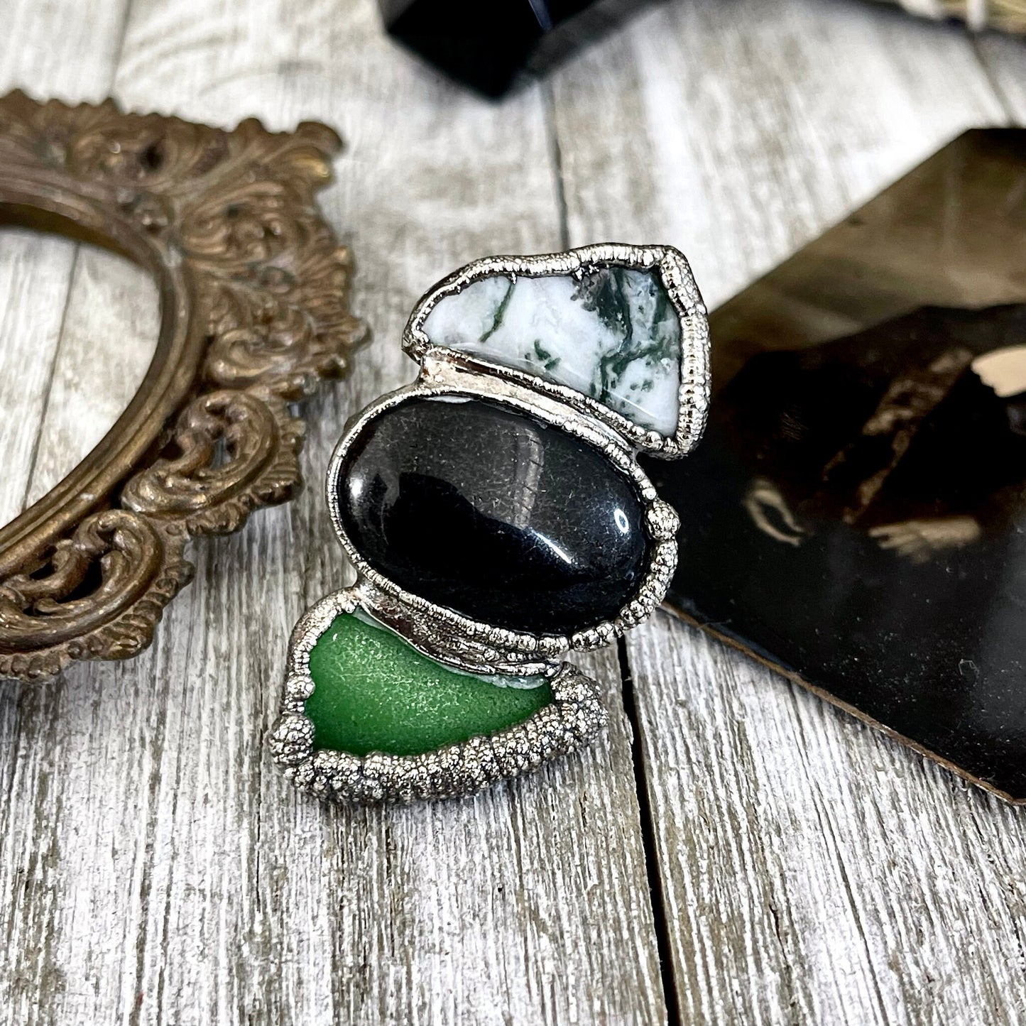 Size 8 Crystal Ring - Three Stone Black Onyx Sea Glass Moss Agate Ring Sliver / Foxlark Collection - One of a Kind / Crystal Jewelry