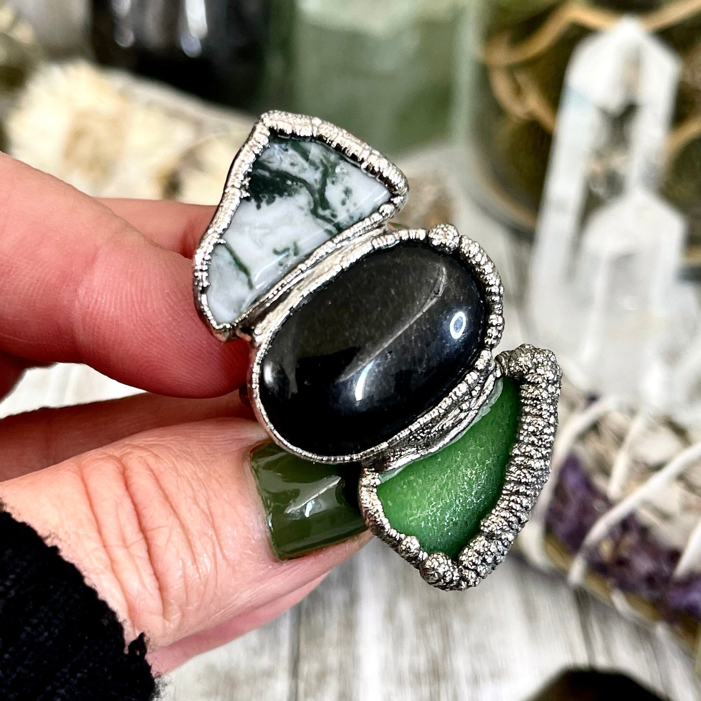 Size 8 Crystal Ring - Three Stone Black Onyx Sea Glass Moss Agate Ring Sliver / Foxlark Collection - One of a Kind / Crystal Jewelry