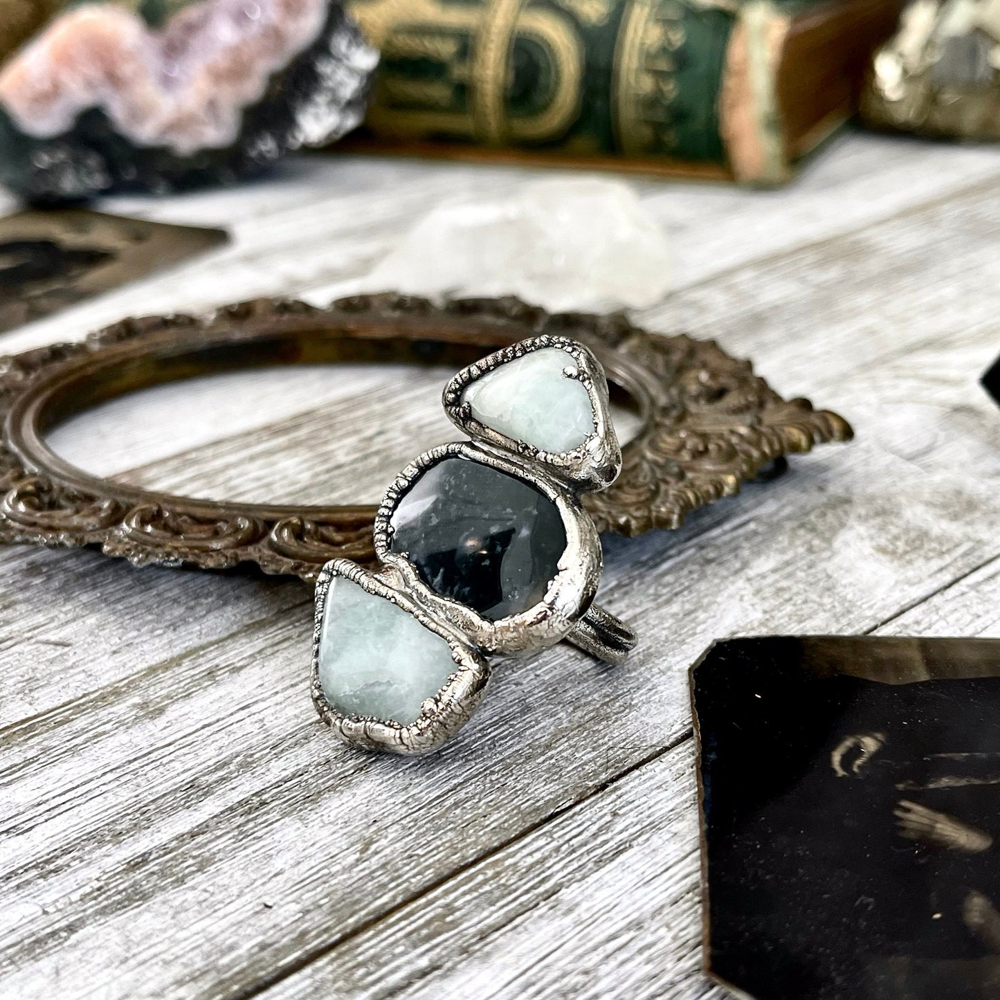 Size 8.5 Crystal Ring - Three Stone Ring Aquamarine Sea Glass Ring In Silver / Foxlark Collection - One of a Kind