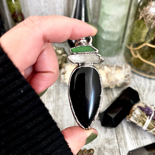 Three Stone Sea Glass Clear Quartz Black Banded Agate Necklace in Fine Silver / Foxlark Collection - One of a Kind Jewelry // Boho Pendent