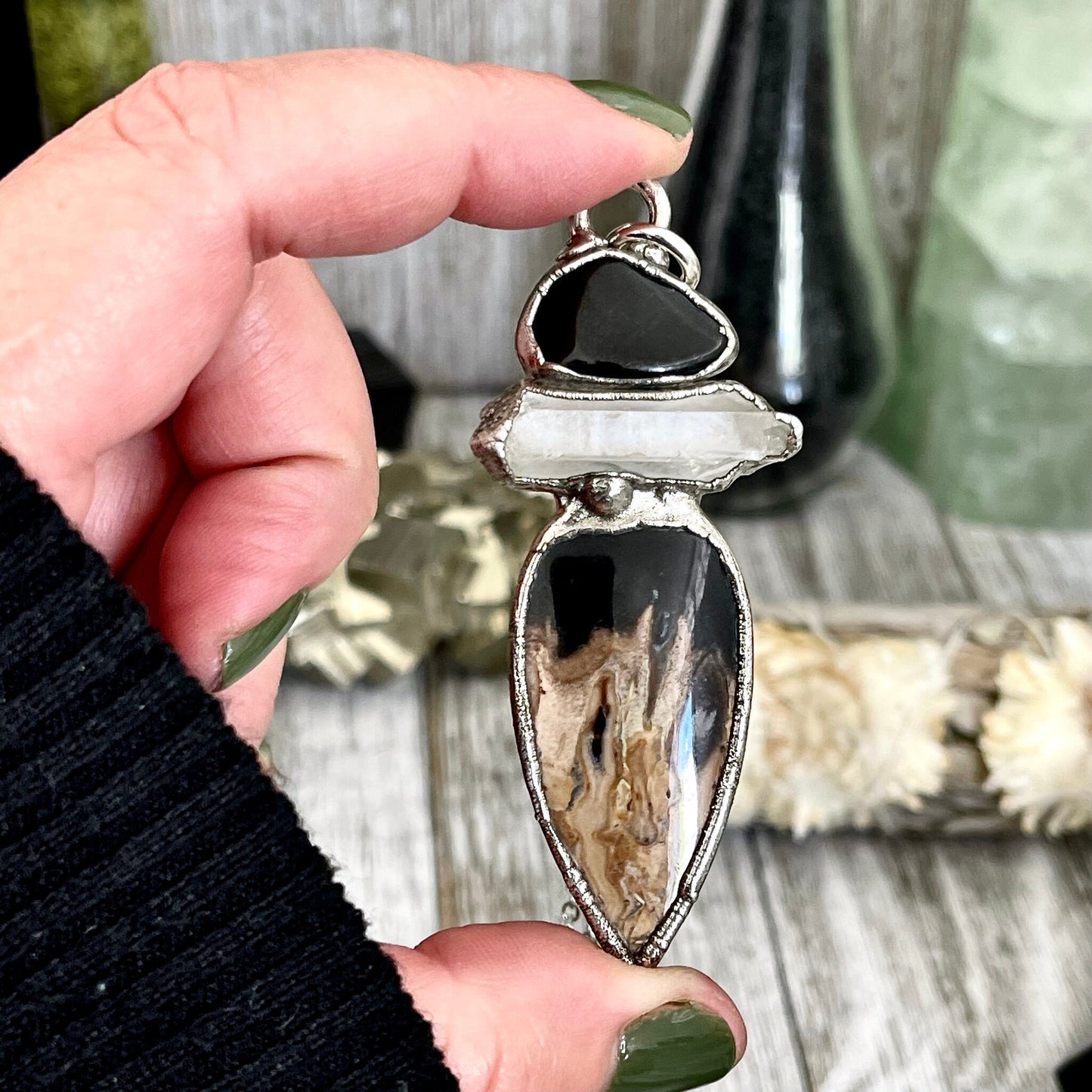 Three Stone Clear Quartz Black Onyx Palm Root Necklace in Fine Silver / Foxlark Collection - One of a Kind Jewelry // Boho Witchy Pendent