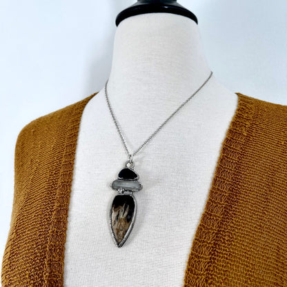 Three Stone Clear Quartz Black Onyx Palm Root Necklace in Fine Silver / Foxlark Collection - One of a Kind Jewelry // Boho Witchy Pendent