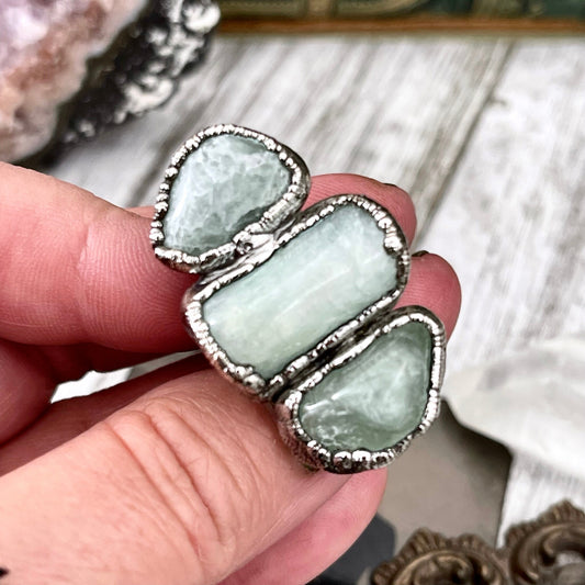 Size 7 Crystal Ring - Three Stone Ring Aquamarine Raw Ring In Silver / Foxlark Collection - One of a Kind / Big Crystal Jewelry