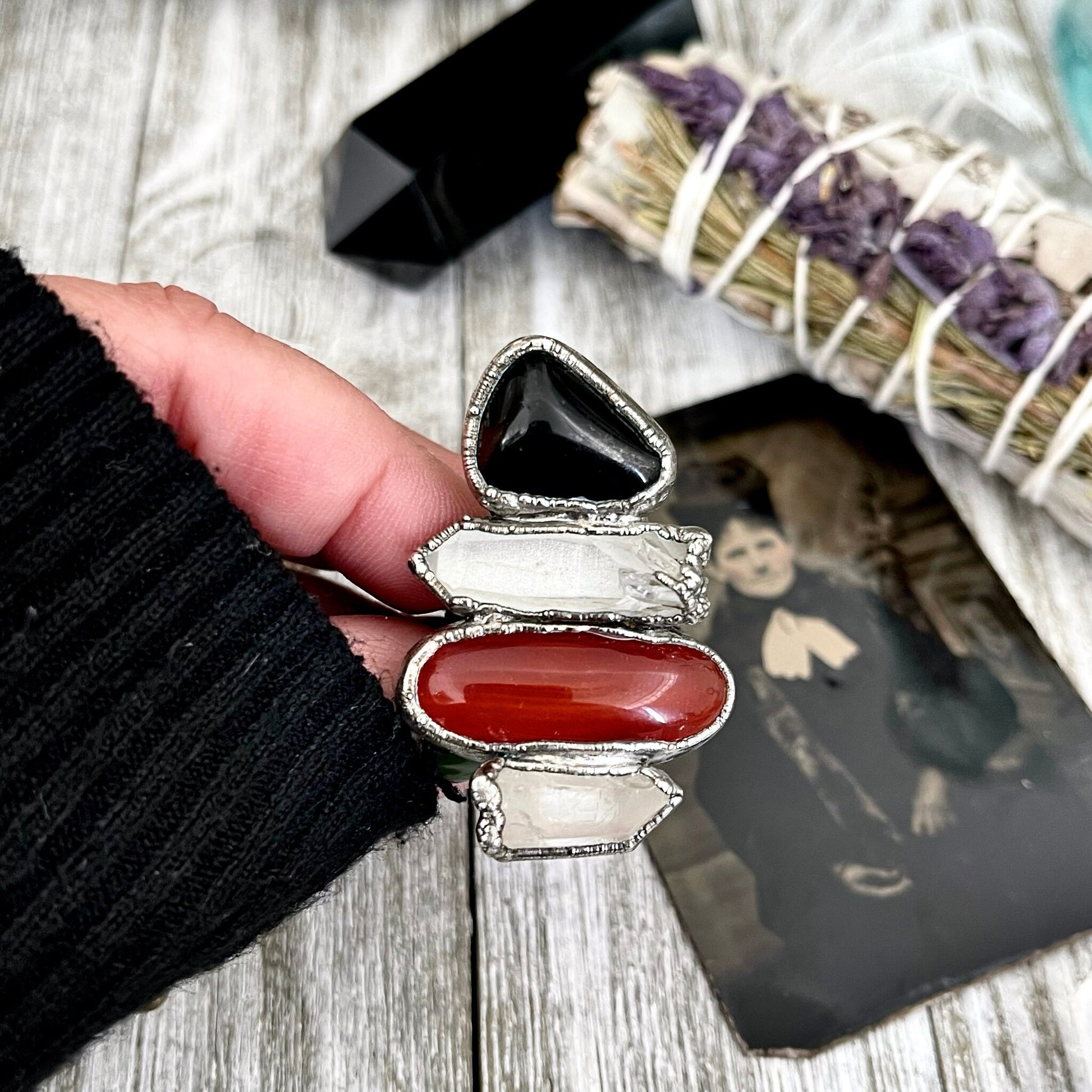 Size 10 Crystal Ring - Four Stone Black Onyx Red Carnelian Clear Quartz Ring In Silver / Foxlark - One of a Kind // Alternative Ring