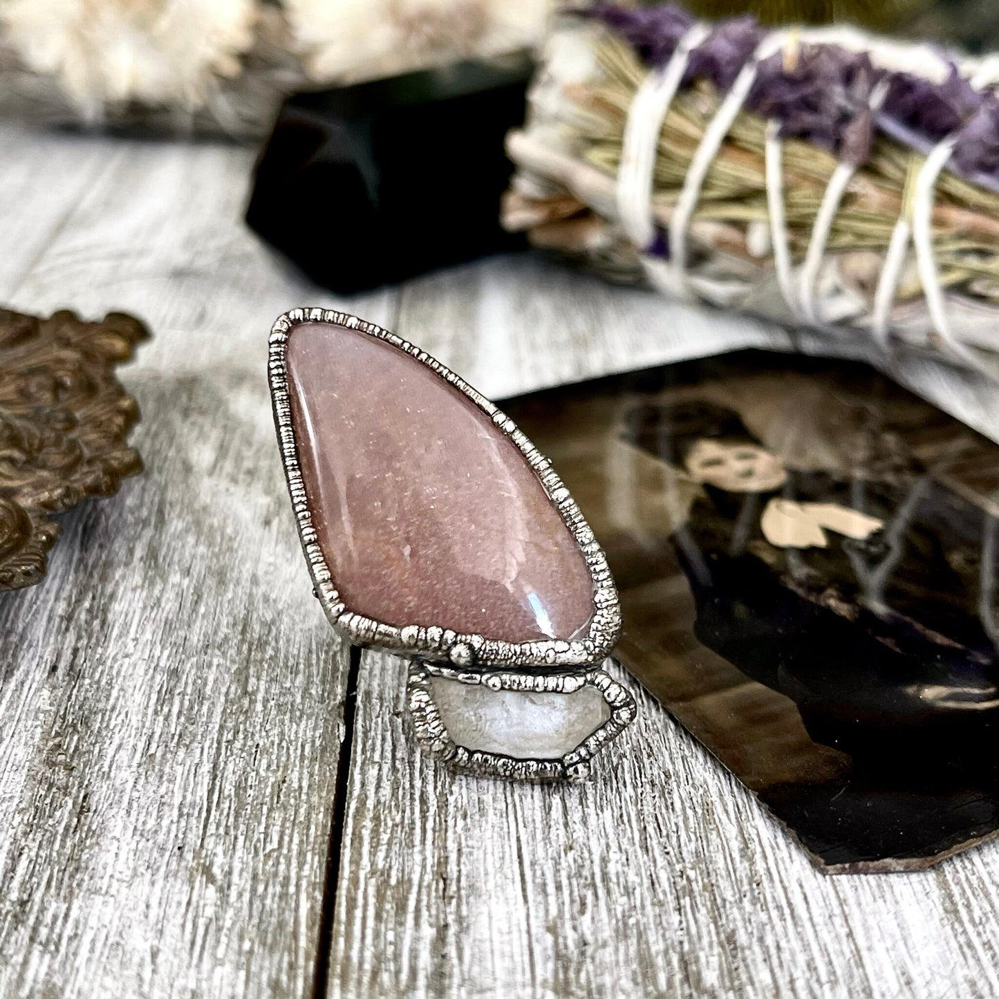 Size 8 Two Stone Ring- Peach Moonstone Clear Quartz Crystal Ring Fine Silver / Foxlark Collection - One of a Kind / Statement Jewelry