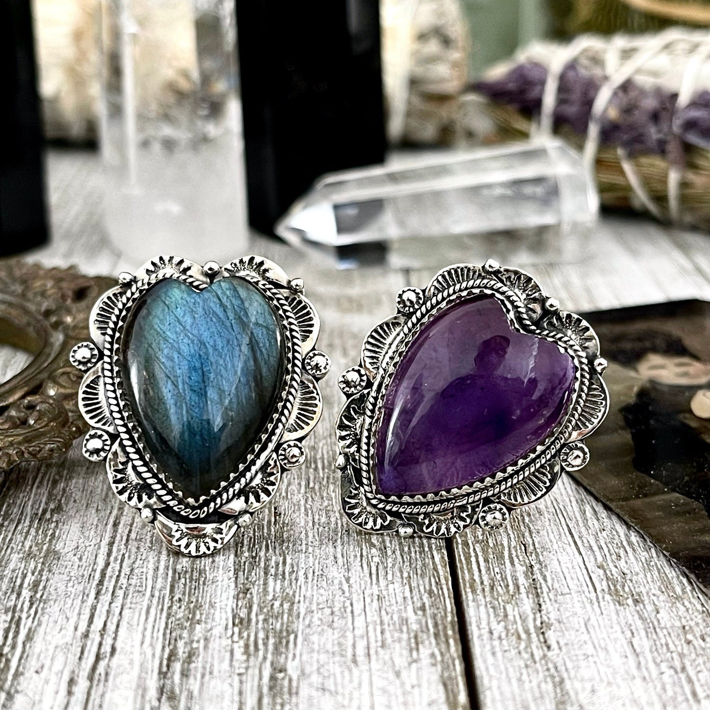 Imperfect* SIZE Adjustable - FLASH SALE - Sterling Silver Labradorite or Amethyst Heart by Foxlark