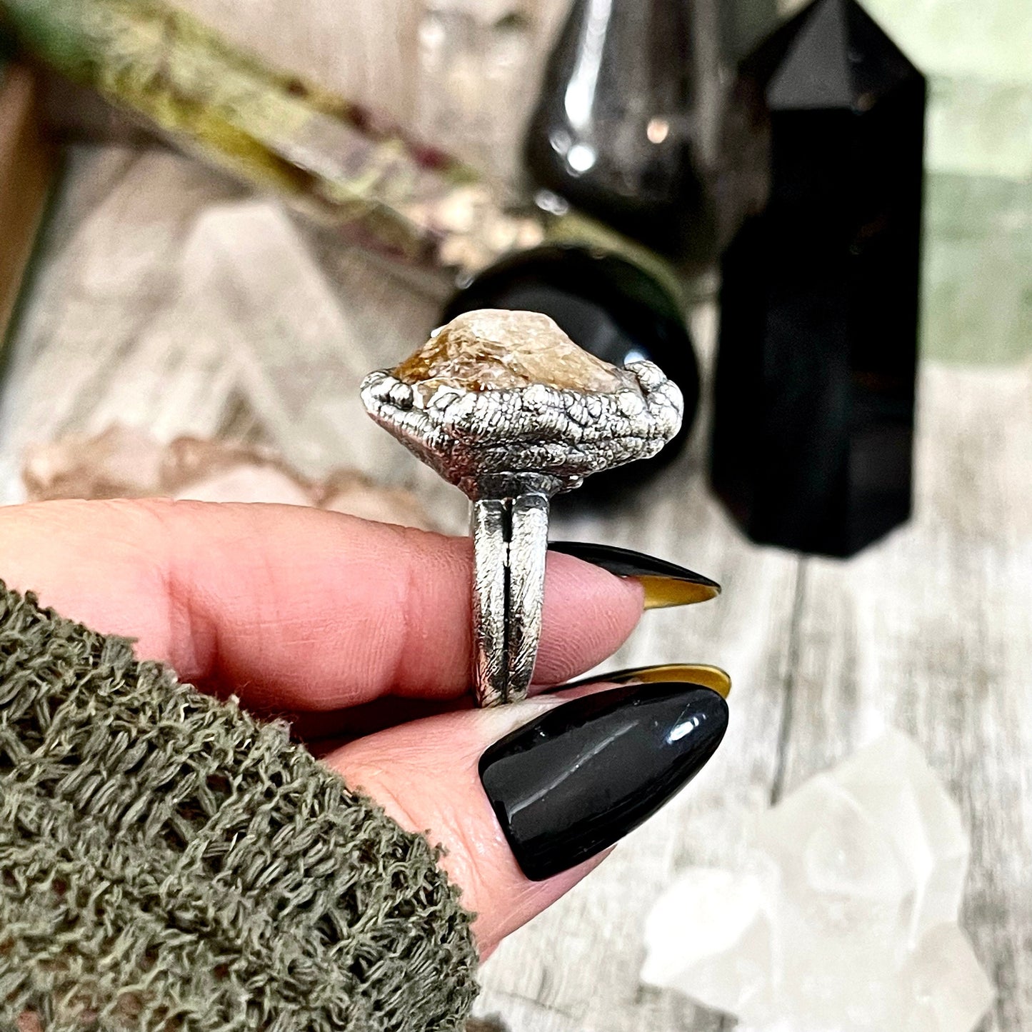 Raw Citrine Crystal Ring in Fine Silver Medium Size 5 6 7 8 9 // Witchy Jewelry Yellow Gemstone Ring December Birthstone Jewelry Gift