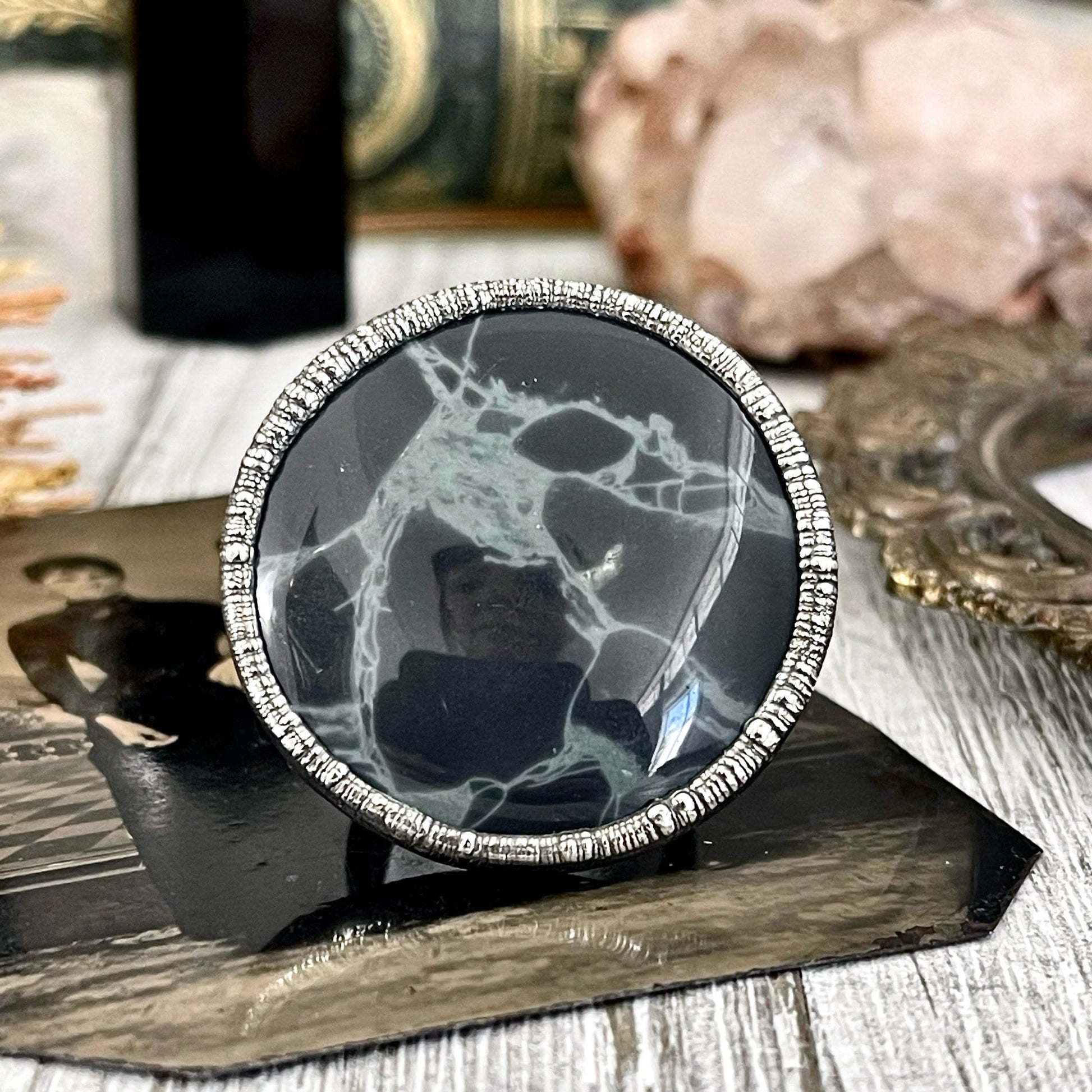 Size 9 Natural Spider Web Obsidian Statement Ring in Fine Silver - Black Stone Jewelry / Foxlark Collection - One of a Kind