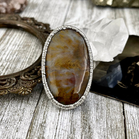 Size 10 Silver Natural Fancy Moss Agate Crystal Statement Ring / Foxlark Collection - One of a Kind / Big Crystal Ring Witchy Jewelry