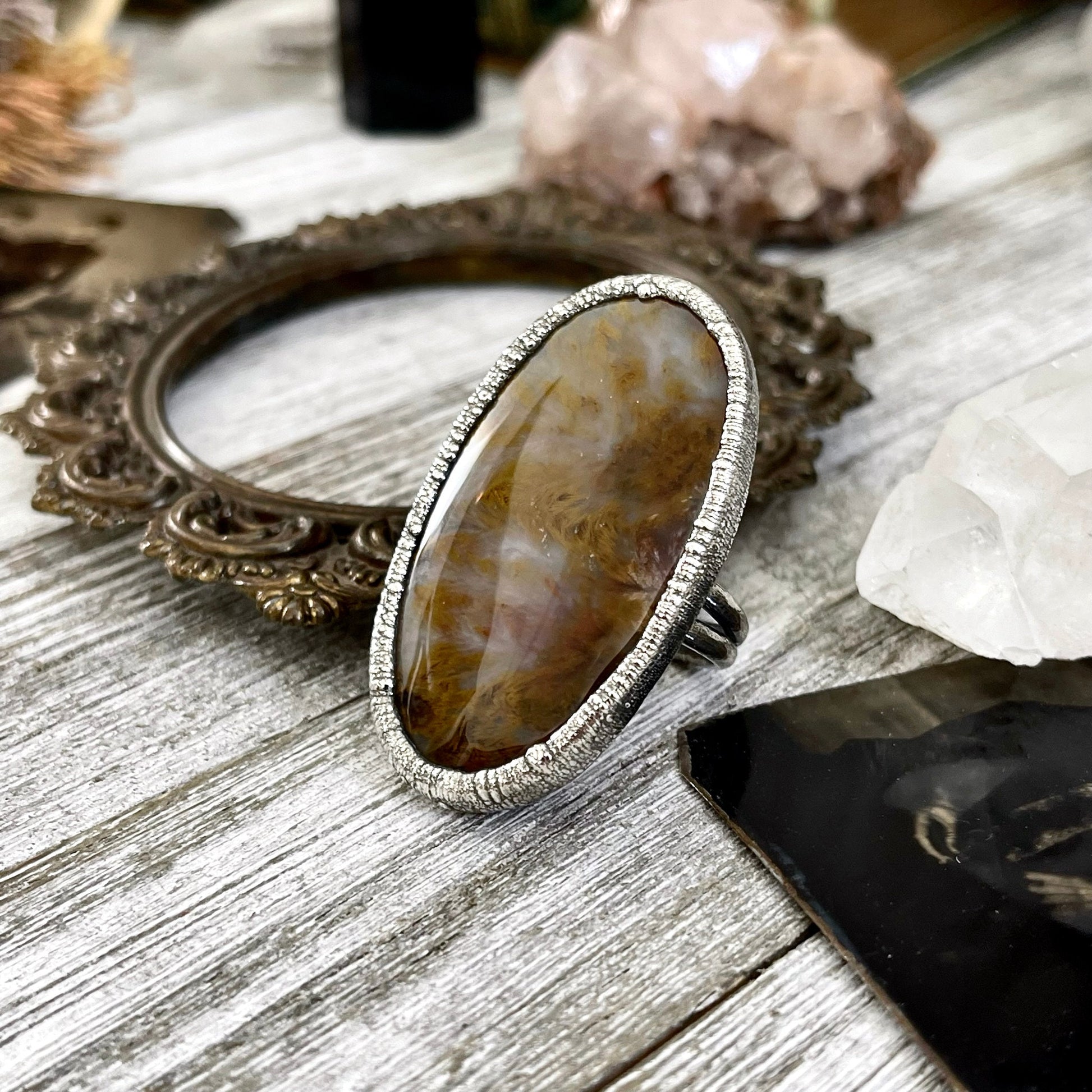 Size 10 Silver Natural Fancy Moss Agate Crystal Statement Ring / Foxlark Collection - One of a Kind / Big Crystal Ring Witchy Jewelry