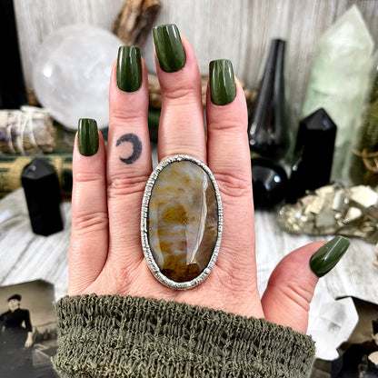 Size 10 Silver Natural Fancy Moss Agate Crystal Statement Ring / Foxlark Collection - One of a Kind / Big Crystal Ring Witchy Jewelry