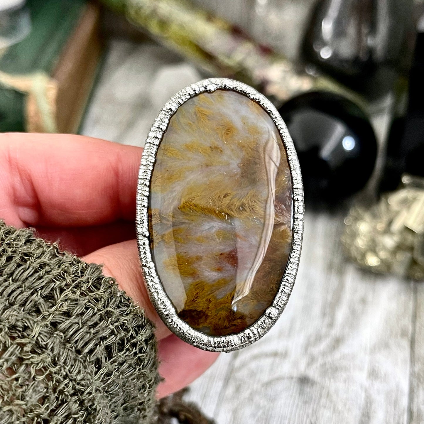 Size 10 Silver Natural Fancy Moss Agate Crystal Statement Ring / Foxlark Collection - One of a Kind / Big Crystal Ring Witchy Jewelry