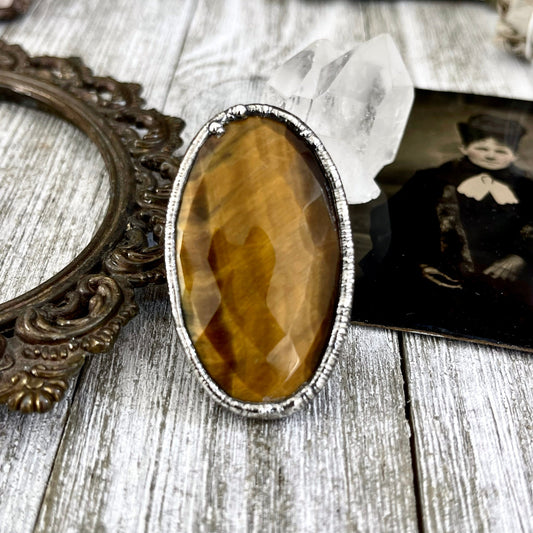 Size 8.5 Tigers Eye Ring in Fine Silver / Foxlark Collection - One of a Kind / Big Crystal Ring Witchy Jewelry / Gothic Jewelry