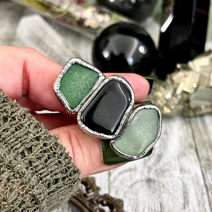 Size 7.5 Crystal Ring - Three Stone Ring Sea Glass Black Onyx Ring Silver / Foxlark Collection - One of a Kind