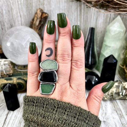 Size 7.5 Crystal Ring - Three Stone Ring Sea Glass Black Onyx Ring Silver / Foxlark Collection - One of a Kind