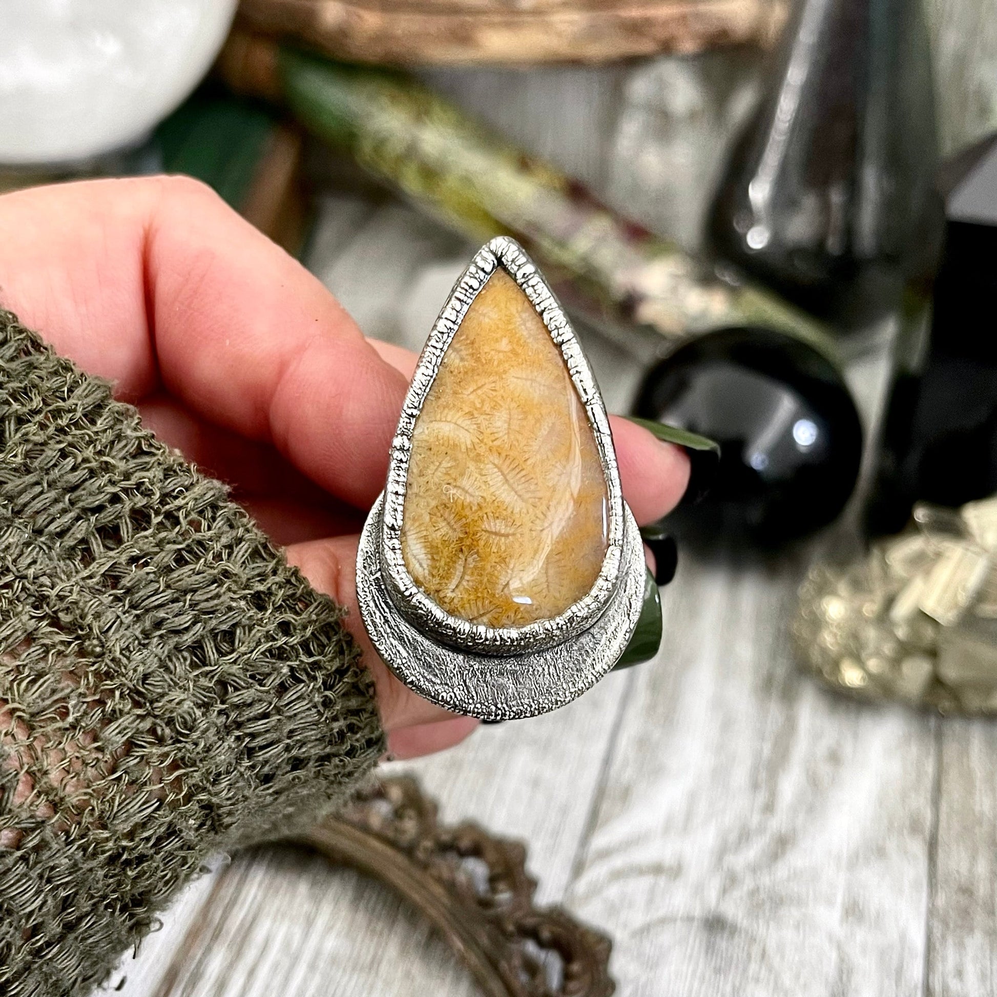 Size 8.5 Big Fossilized Coral Silver Statement Ring in Fine Silver / Foxlark Collection - One of a Kind / Big Crystal Ring Witchy Jewelry