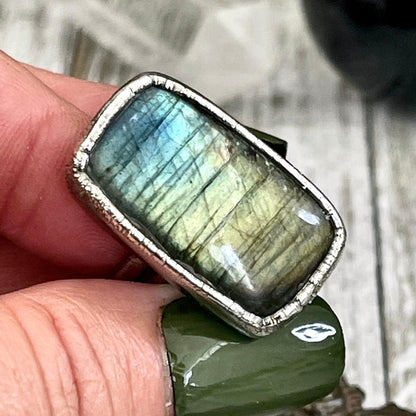 Size 6.5 Labradorite Statement Ring in Fine Silver / Foxlark Collection - One of a Kind / Big Blue Crystal Ring Witchy Stone Jewelry