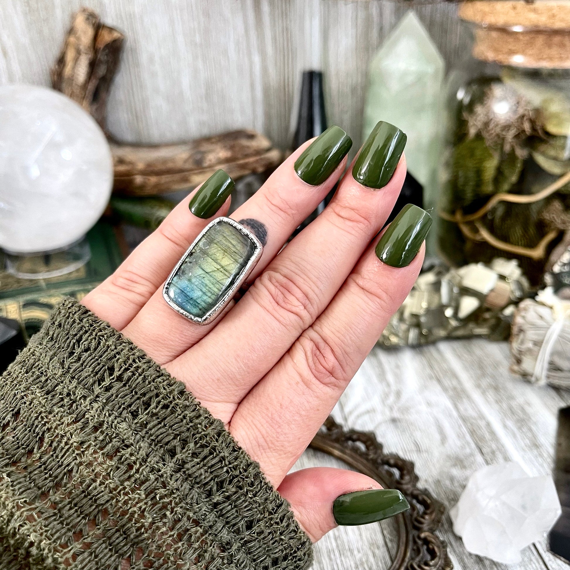 Size 6.5 Labradorite Statement Ring in Fine Silver / Foxlark Collection - One of a Kind / Big Blue Crystal Ring Witchy Stone Jewelry