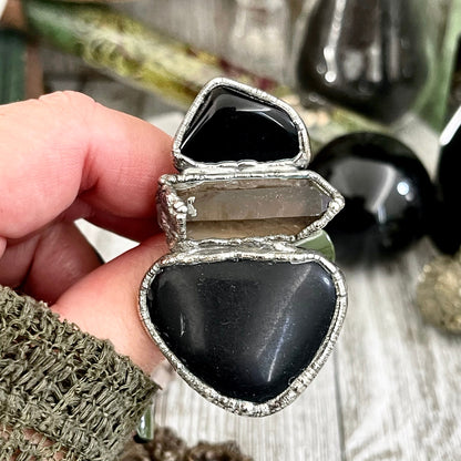 Size 8 Big Crystal Ring - Three Stone Black Onyx River Rock & Smokey Quartz Silver Ring / Foxlark Collection - One of a Kind Jewelry