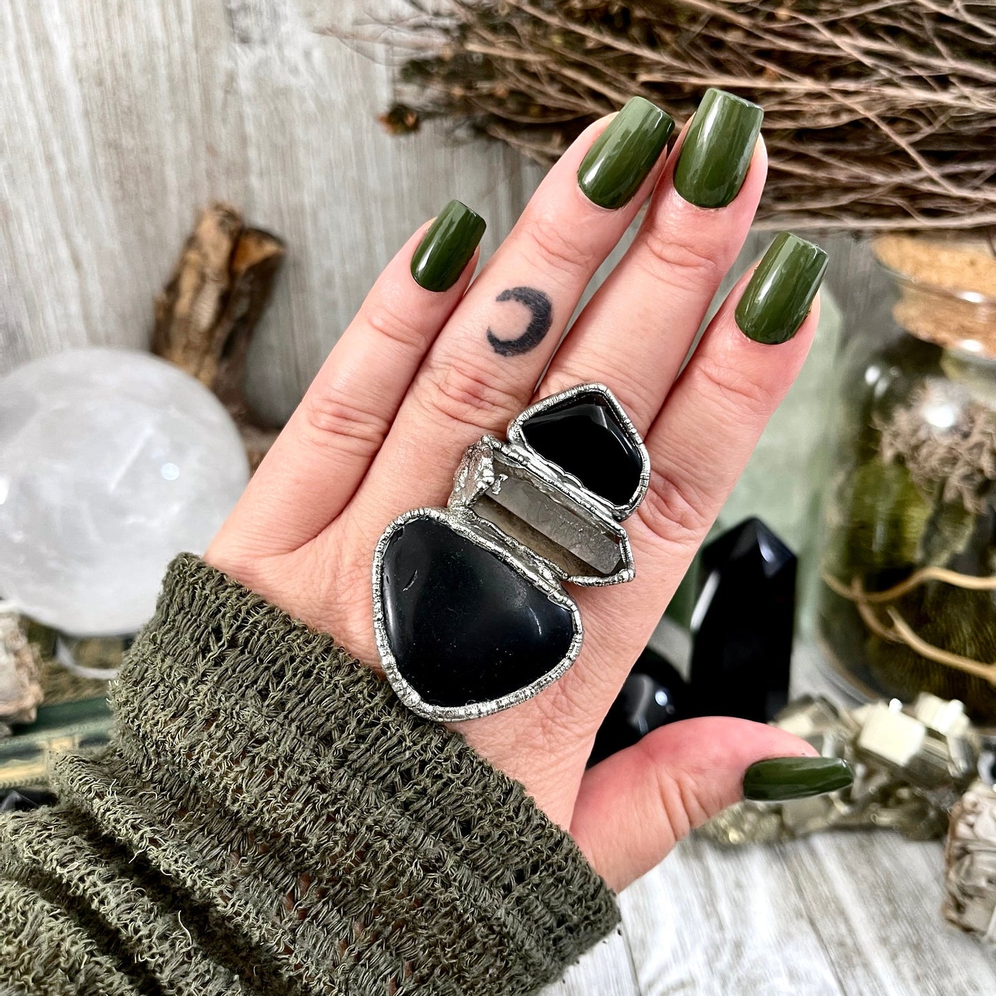 Size 8 Big Crystal Ring - Three Stone Black Onyx River Rock & Smokey Quartz Silver Ring / Foxlark Collection - One of a Kind Jewelry