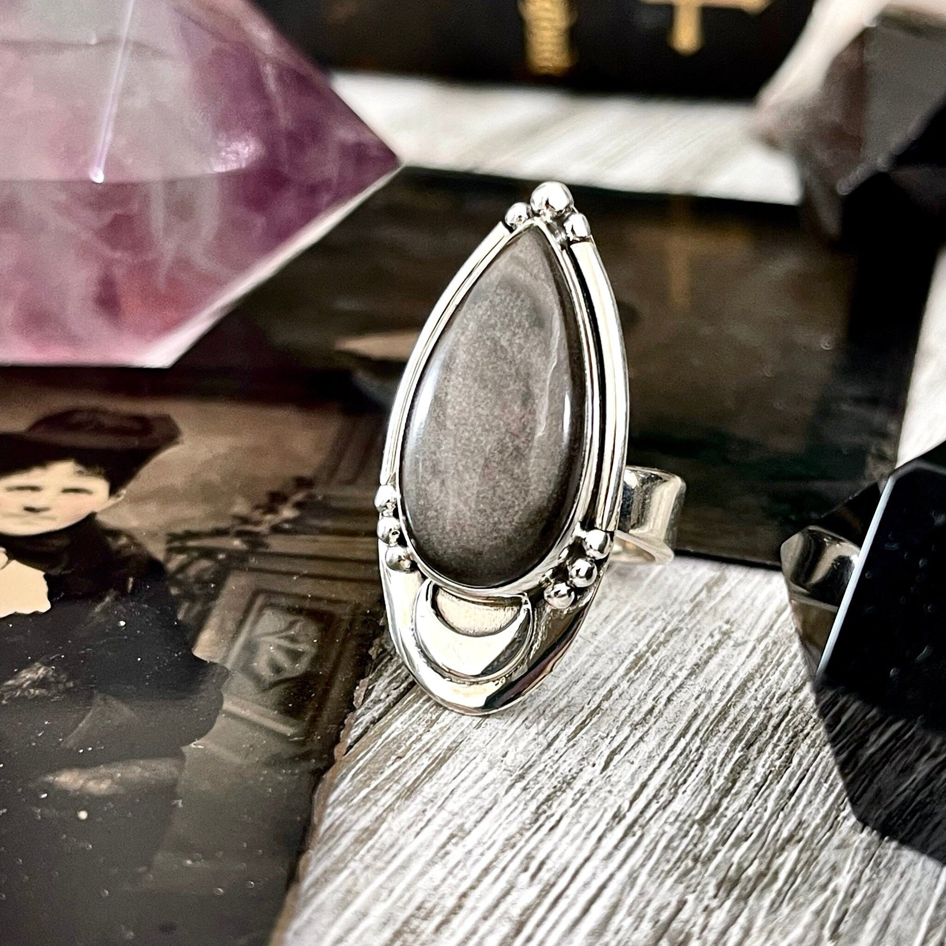 Midnight Moon Silver Sheen Obsidian Teardrop Crystal Ring in Sterling Silver- Designed by FOXLARK Collection Adjustable to Size 6 7 8 9
