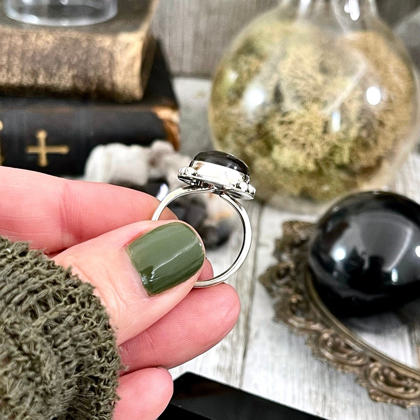 Midnight Moon Silver Sheen Obsidian Teardrop Crystal Ring in Sterling Silver- Designed by FOXLARK Collection Adjustable to Size 6 7 8 9