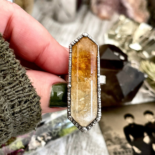 Yellow Citrine Crystal Point Ring Set in Fine Silver Size 5 6 7 8 9 10 / Foxlark Collection One of a Kind